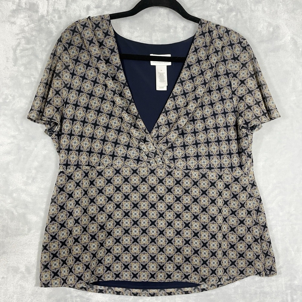 Villager Womens Geometric Top Short Sleeve V-Neck Babydoll Blouse 14 Career